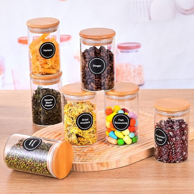 NG SOLUTIONS PRODUCTS-12 Pcs Round Spice Jars with Bamboo Lids And Stickers
