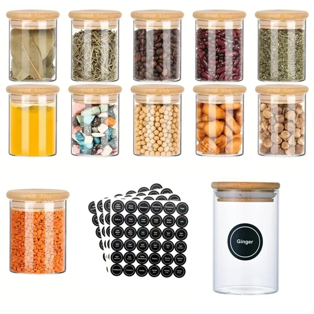 NG SOLUTIONS PRODUCTS-12 Pcs Round Spice Jars with Bamboo Lids And Stickers