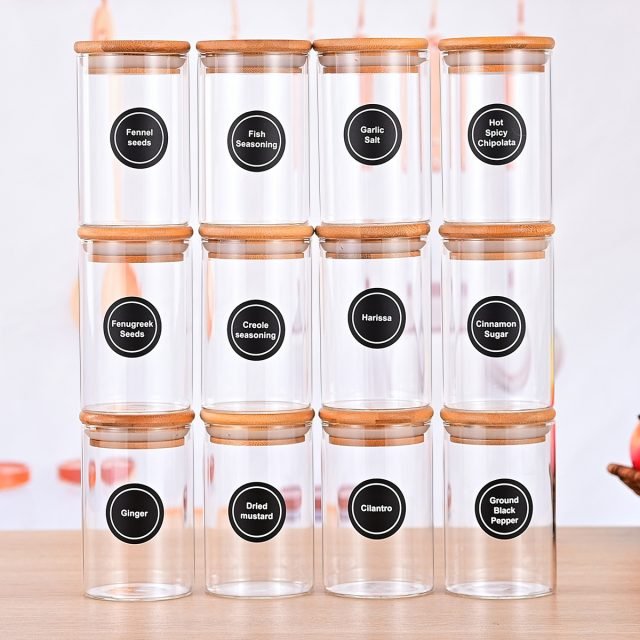 NG SOLUTIONS PRODUCTS-12 Pcs Round Spice Jars with Bamboo Lids And Stickers